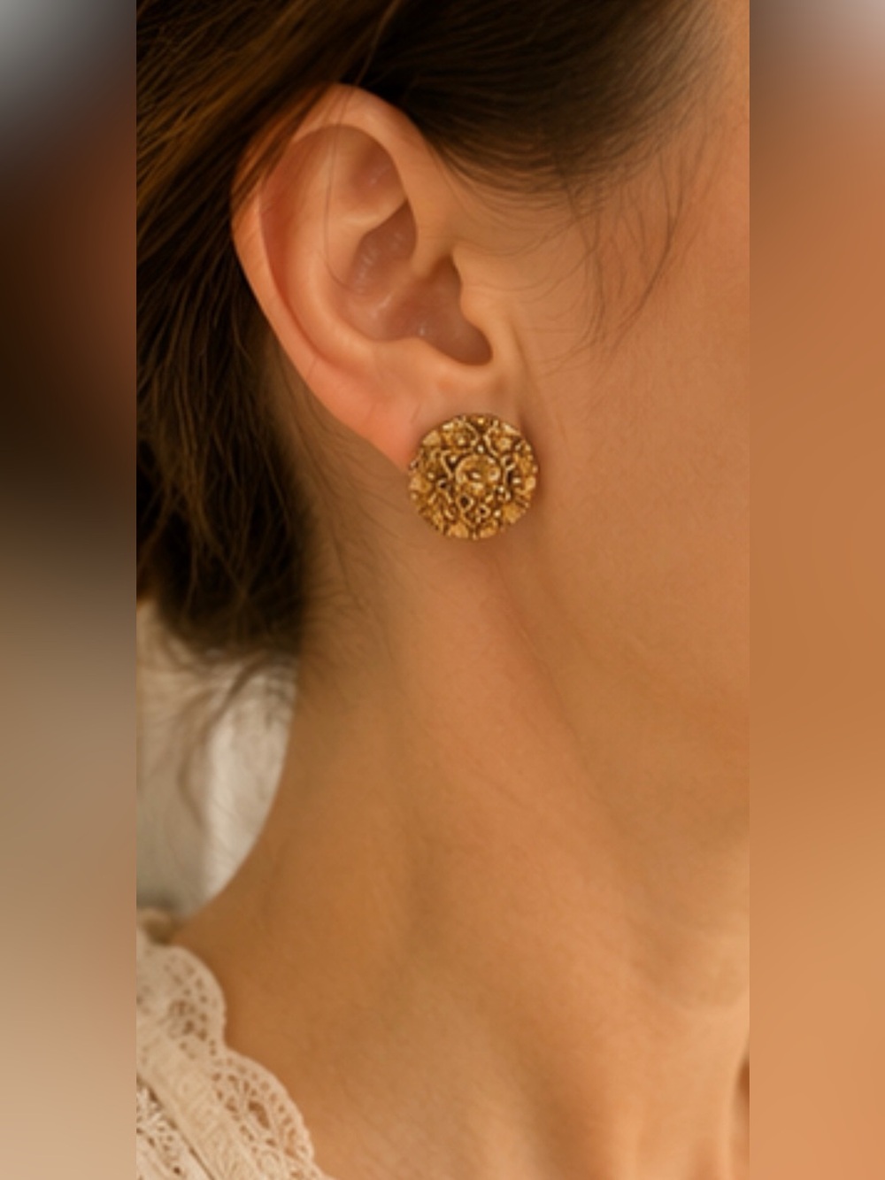 Vintage Gold Tone Floral Button Earrings Romantic Cottagecore Statement Studs